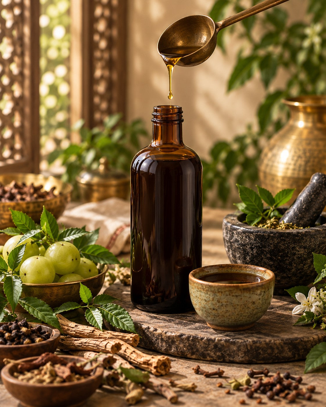 Ayurvedic oils in a warm natural setting