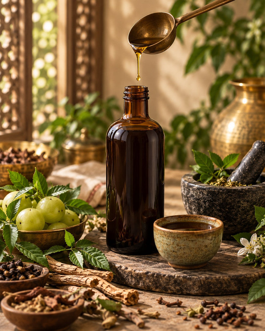 Ayurvedic oils in a warm natural setting