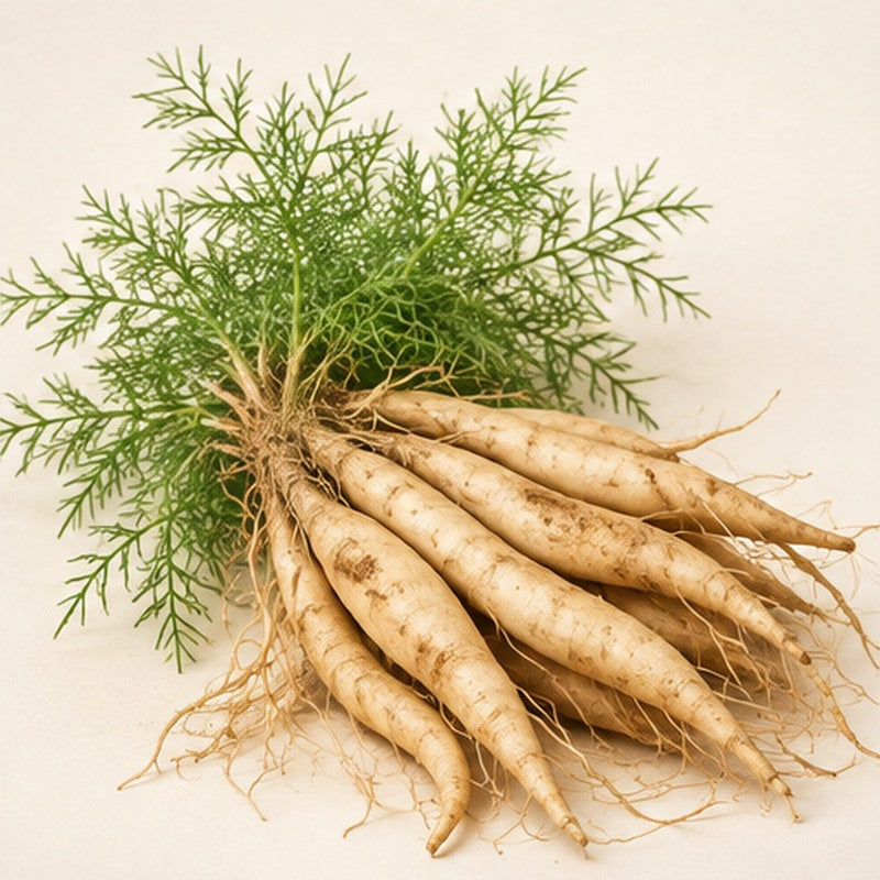 Shatavari roots and foliage on a warm ivory studio background