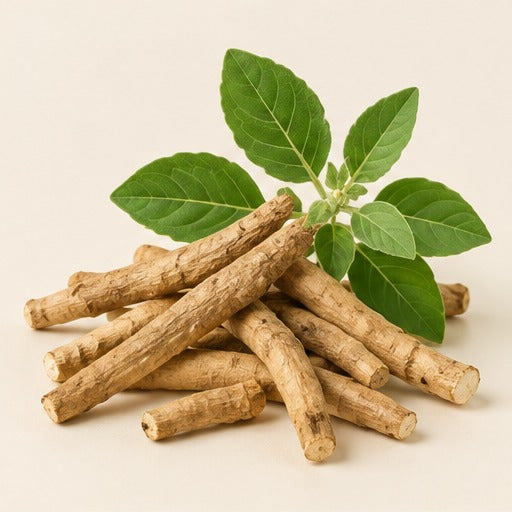 Ashwagandha roots and leaves on a warm ivory studio background