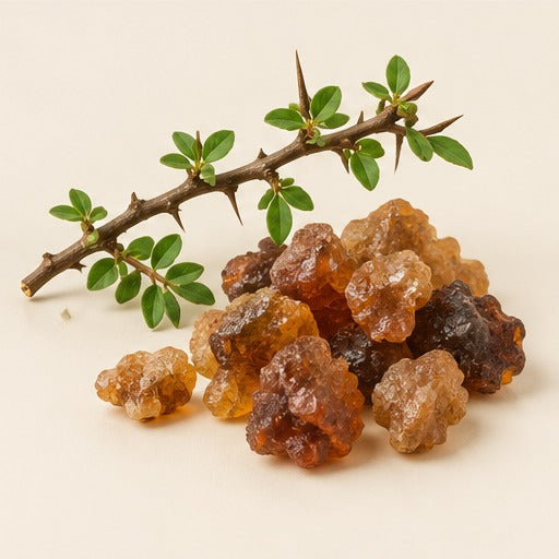 Guggul resin and branch on a warm ivory studio background