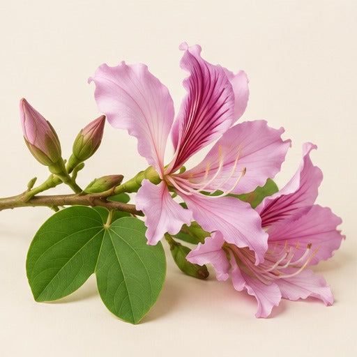 Kanchnar blossoms and leaves on a warm ivory studio background