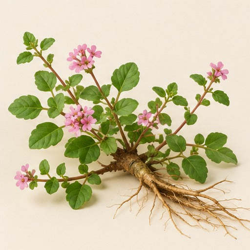Punarnava herb with leaves, flowers and roots on a warm ivory studio background